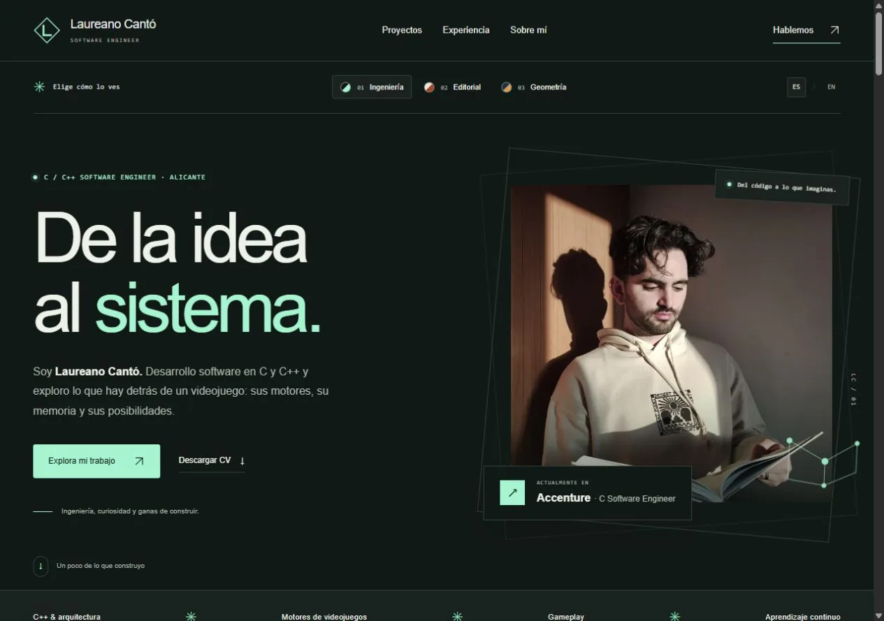 Current portfolio homepage with the engineering style, visual selector and language switch