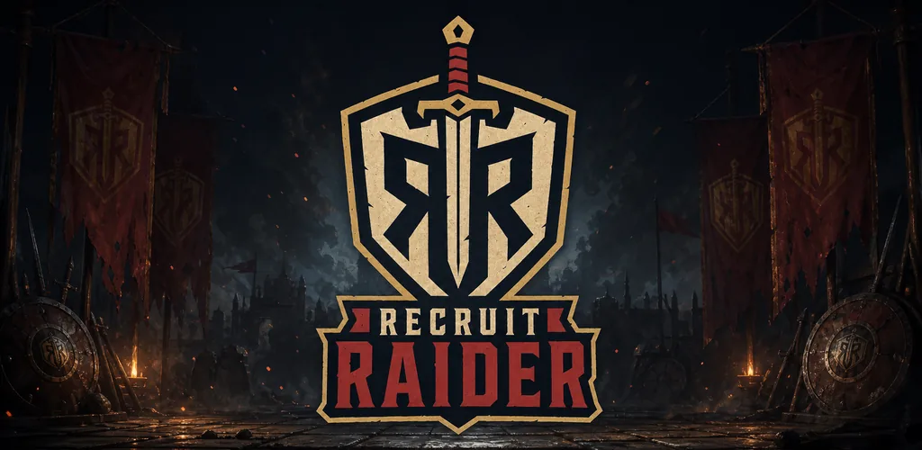 Recruit Raider artwork: a shield and sword against a dark fortress