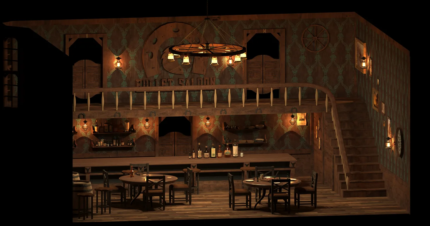 Render of a western saloon with a bar, tables and an upper floor